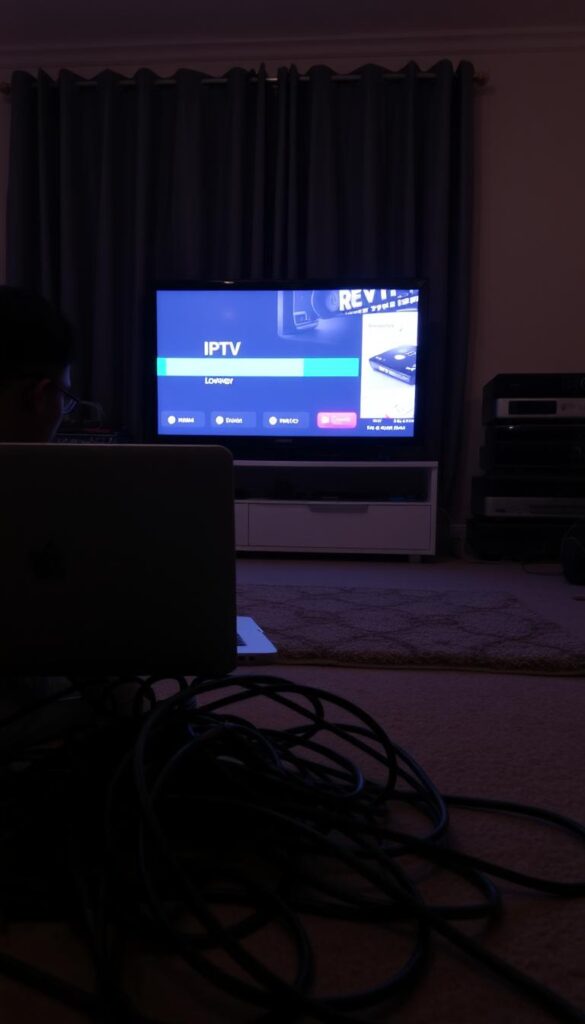 A dimly lit living room, a laptop displaying a buffering IPTV stream, frustration etched on the user's face. In the foreground, a tangled web of cables snakes across the floor, hinting at the complexity of the Hoxtoon Provider setup. The middle ground features a smart TV, its screen frozen, a constant reminder of the streaming issues at hand. In the background, a stack of media devices sits, each a potential culprit in the troubleshooting process. The scene conveys a sense of technological unease, the user's struggle to maintain a seamless IPTV experience.