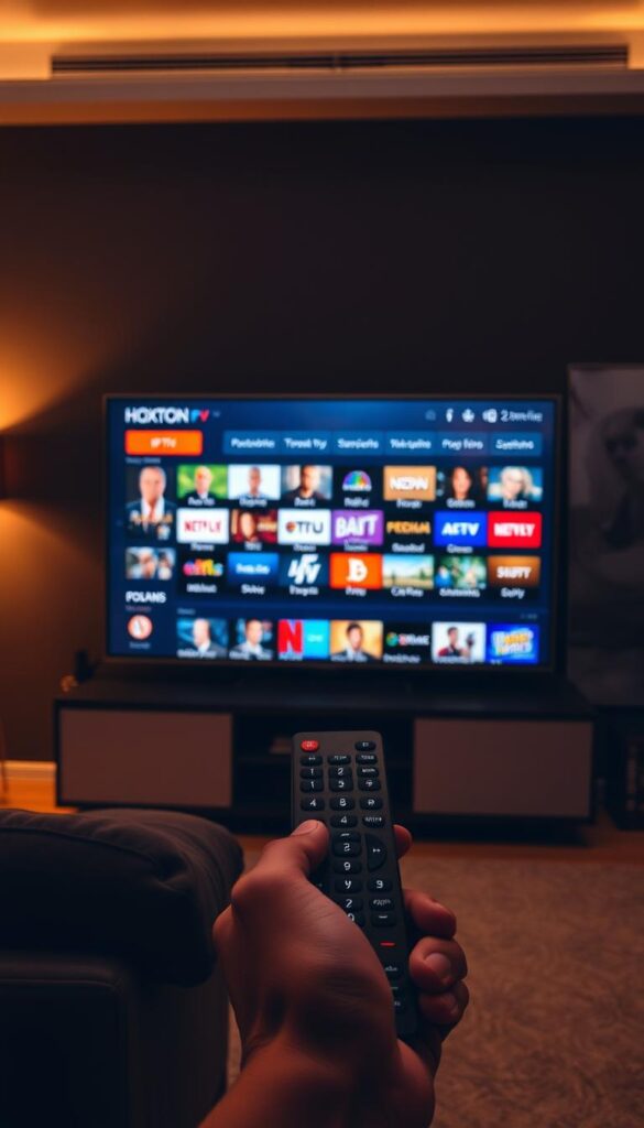 A dimly lit living room, a sleek modern TV displays the Hoxtoon Provider IPTV service's elegant user interface, showcasing a diverse array of local and global television channels. The room is bathed in a warm, soft lighting, creating a cozy and inviting atmosphere. In the foreground, a hand holds a minimalist remote control, symbolizing the effortless control over the evolving television experience in Poland. The background features subtle hints of Polish national imagery, subtly hinting at the cultural context. The scene conveys a sense of technological progress, seamlessly integrating with the comfort of home.