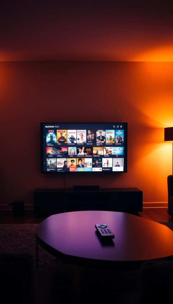A dimly lit living room, cozy and inviting, with a large flat-screen TV mounted on the wall. On the screen, a Hoxtoon Provider interface showcases a vast array of on-demand entertainment options, from blockbuster movies to binge-worthy TV series. The room is bathed in a warm, amber glow, creating a sense of comfort and relaxation. In the foreground, a sleek, modern coffee table holds a remote control, hinting at the ease of accessing this worldwide lifetime IPTV service. The overall atmosphere suggests a seamless, immersive entertainment experience, perfect for a night of on-demand entertainment.