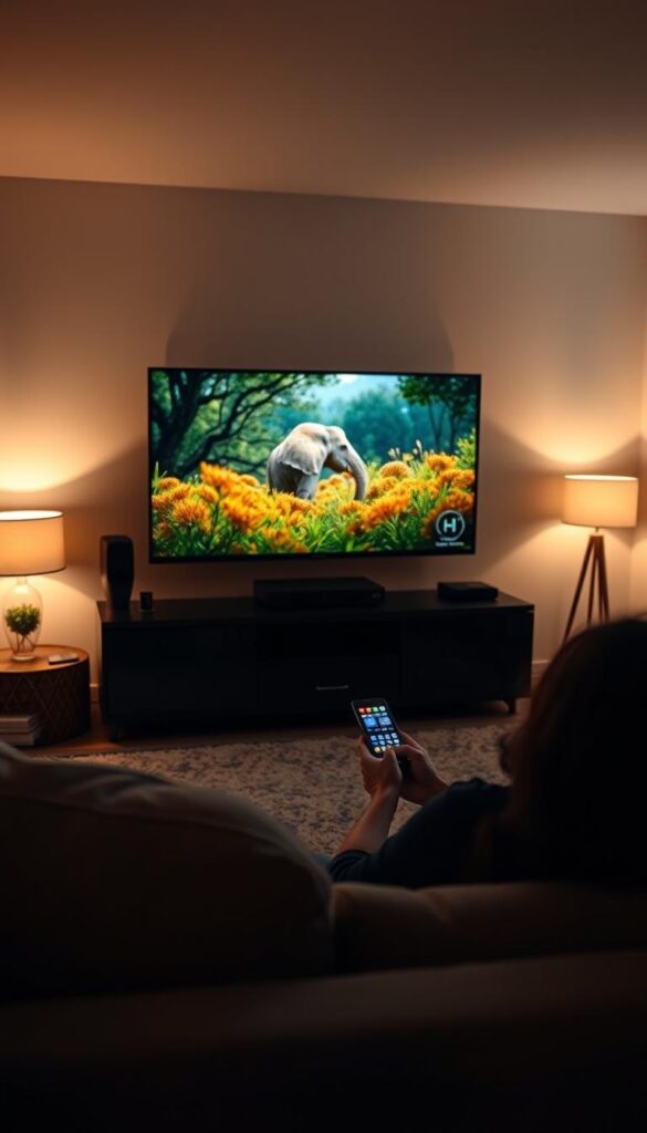 A dimly lit living room, the glow of a high-definition display casting a soft light across the space. On the screen, a Hoxtoon Provider IPTV service streams a vibrant nature documentary, the image quality sharp and the colors vivid. The viewer sits comfortably on a plush sofa, remote in hand, immersed in the cinematic experience. Subtle ambient lighting and a hint of evening shadows create a cozy, atmospheric setting, conveying the premium quality and performance of the IPTV service.