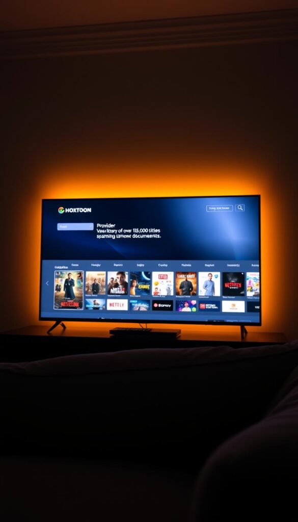 A dimly lit living room, the glow of a large television screen casting a warm light across the space. On the screen, a sleek and modern user interface for the "Hoxtoon Provider" on-demand IPTV service, showcasing a vast library of over 150,000 titles spanning movies, TV shows, and documentaries. The interface is clean and intuitive, with category icons and thumbnails hinting at the breadth of content available. In the foreground, a remote control rests on a plush, neutral-toned sofa, ready for the viewer to dive into the vast selection of on-demand entertainment. The atmosphere is one of relaxation and the anticipation of discovering new content at the viewer's convenience.