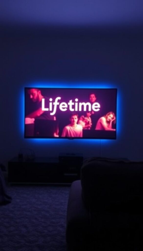 A dimly lit living room, the glow of a television screen casting a soft light across a cozy space. On the screen, the iconic Lifetime movie logo appears, signaling the start of a captivating drama. The room is furnished with a plush sofa and a Hoxtoon Provider IPTV box, hinting at the seamless integration of technology and entertainment. The atmosphere is one of relaxation and anticipation, as the viewer prepares to immerse themselves in the world of Lifetime movies, accessible through the convenience of IPTV.