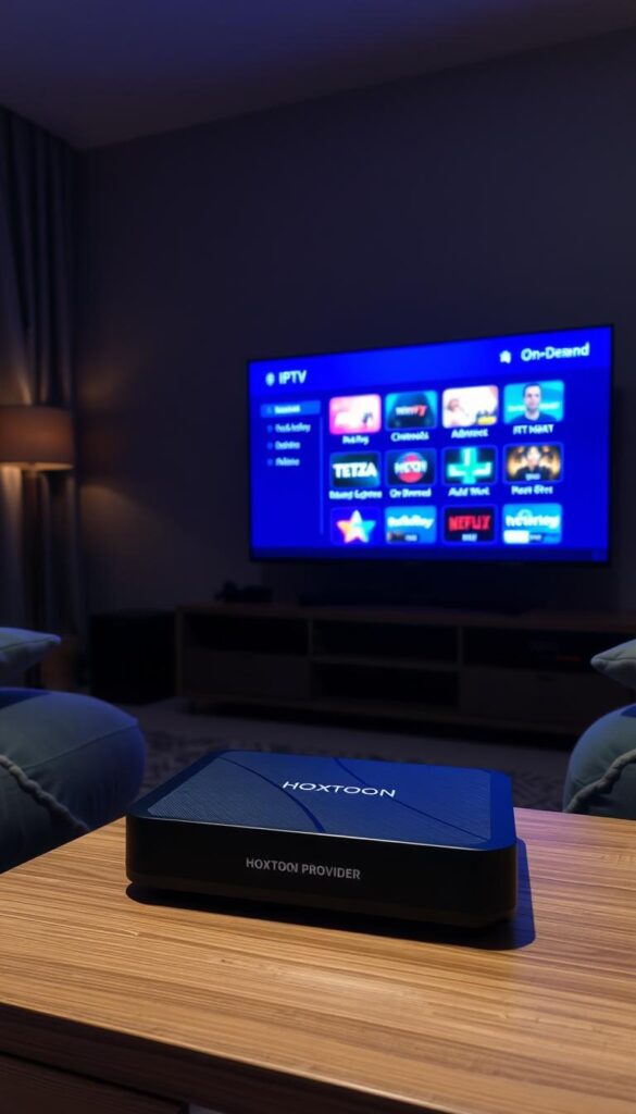 A dimly lit living room, the glow of a television screen illuminating the space. On the screen, various IPTV streaming options are displayed - a grid of channels, on-demand content, and a menu of advanced features. In the foreground, a sleek, modern IPTV device, the "Hoxtoon Provider", sits prominently on a wooden entertainment center. The room is stylishly furnished, with plush, comfortable seating and subtle ambient lighting, creating a cozy, immersive atmosphere for the ultimate IPTV viewing experience.