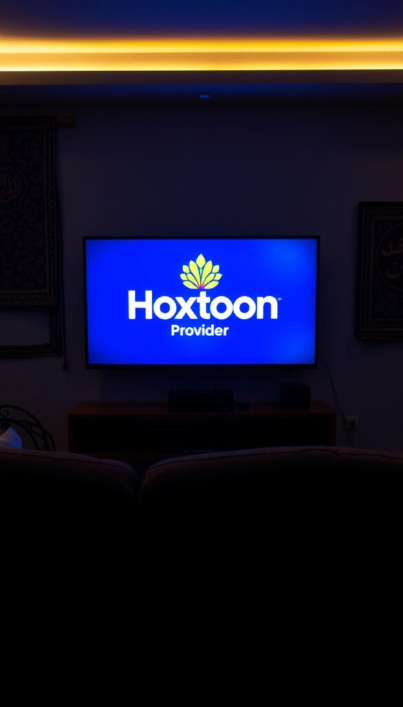 A dimly lit living room, the glow of an Arabic TV streaming service interface illuminating the space. In the foreground, a sleek, modern television set displays the Hoxtoon Provider logo, its vibrant colors and clean design standing out against the neutral tones of the room. The middle ground features a plush, comfortable couch, inviting the viewer to settle in and enjoy the content. In the background, hints of traditional Arabic decor, such as ornate wall hangings and intricate textiles, create a sense of cultural authenticity. The lighting is soft and warm, creating a cozy, immersive atmosphere, perfect for optimizing the Arabic IPTV viewing experience.