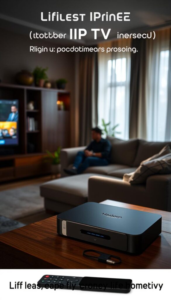 A dimly lit living room, the soft glow of a TV screen casting a warm hue across the space. In the foreground, a sleek, modern IPTV device emblazoned with the "Hoxtoon Provider" logo sits atop a wooden entertainment center. Beside it, a remote control and a smartphone, symbolizing the convenience and accessibility of the IPTV service. The middle ground features a plush sofa, where a person is comfortably settled, immersed in the content streaming on the screen. In the background, a bookshelf and potted plants add a touch of cozy ambiance, while the curtains are drawn, creating a sense of privacy and focus. The lighting is soft and warm, enhancing the relaxed, homely atmosphere. The overall scene conveys the appeal of a lifetime IPTV subscription, showcasing the ease, comfort, and entertainment it brings to the modern consumer.