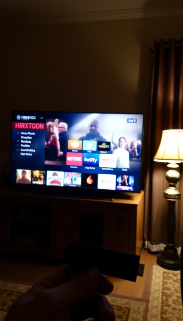 A dimly lit living room with a Firestick device prominently displayed on a wooden entertainment center. The room is filled with a warm, cozy atmosphere, with a soft glow from a table lamp illuminating the space. In the foreground, a user is browsing through a variety of IPTV apps, including the Hoxtoon Provider app, showcasing the diverse content options available for Firestick users. The scene conveys the convenience and versatility of IPTV services, highlighting the benefits of accessing a wide range of entertainment on the Firestick platform.