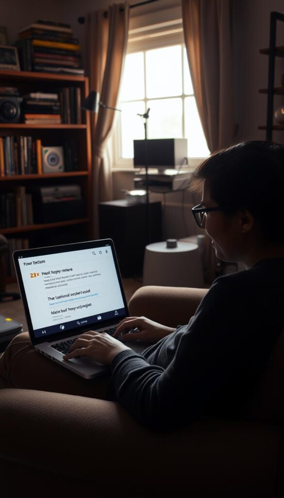 A dimly lit living room, with a laptop screen displaying glowing reviews of the Hoxtoon Provider IPTV service. The user is seated in a comfortable armchair, expression one of satisfaction as they scroll through testimonials from other happy customers. The room is cozy, with warm lighting filtering in through a nearby window, casting a soft glow on the scene. In the background, a bookshelf filled with various media and technology-related items hints at the user's interests. The overall atmosphere conveys a sense of trust and reliability in the Hoxtoon IPTV service, as evidenced by the positive reviews.