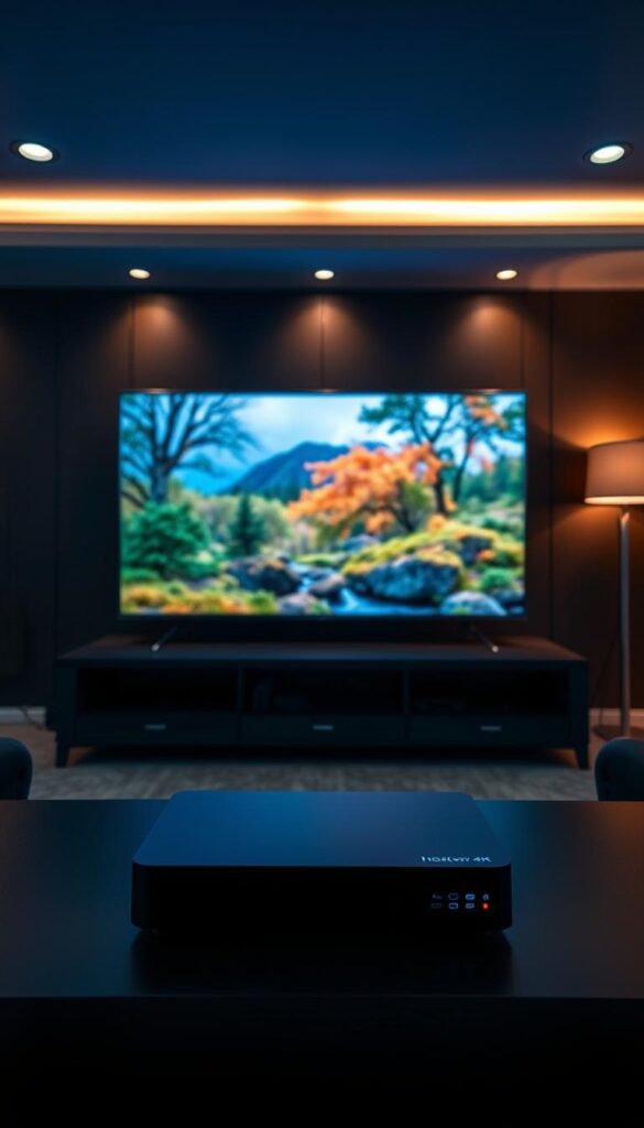 A dimly lit, modern home entertainment setup. In the foreground, a sleek, black 4K IPTV streaming device, the Hoxtoon Provider, sits atop a minimalist media console. The device's clean lines and subtle LED indicators suggest its advanced capabilities. The middle ground showcases a large, high-resolution 4K television, its screen displaying a vibrant, hyper-detailed nature scene, hinting at the exceptional image quality of the 4K IPTV service. In the background, subtle ambient lighting from floor lamps and recessed ceiling fixtures creates a warm, cozy atmosphere, complementing the overall high-tech and sophisticated feel of the scene.
