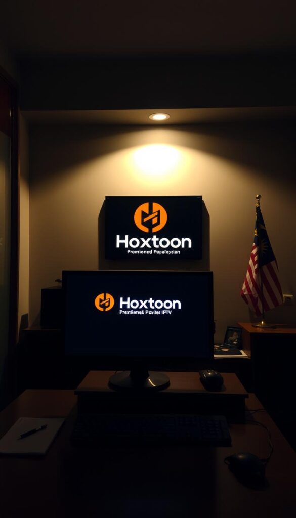 A dimly lit office interior with a desk and computer setup, showcasing the Hoxtoon Provider brand logo prominently displayed on the monitor. The room has a sense of professionalism, with subtle Malaysian cultural elements such as a small Malaysian flag or traditional artwork in the background. The lighting is warm and inviting, creating a welcoming atmosphere for IPTV users. The camera angle is slightly elevated, providing a clean, uncluttered view of the setup. The overall impression should convey the reliability and legality of the Hoxtoon IPTV service for Malaysian users.