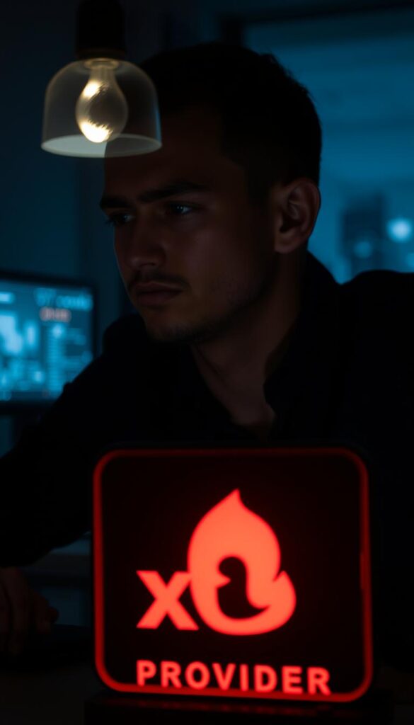 A dimly lit office space, the glow of a computer screen casting a soft light on a person's face, conveying a sense of contemplation and tension. In the foreground, a Hoxtoon Provider logo is prominently displayed, hinting at the legal complexities surrounding IPTV services. The background features a blurred cityscape, suggesting the broader context of the topic. The lighting is moody, creating a sense of unease, as the subject ponders the legality of IPTV and its implications.