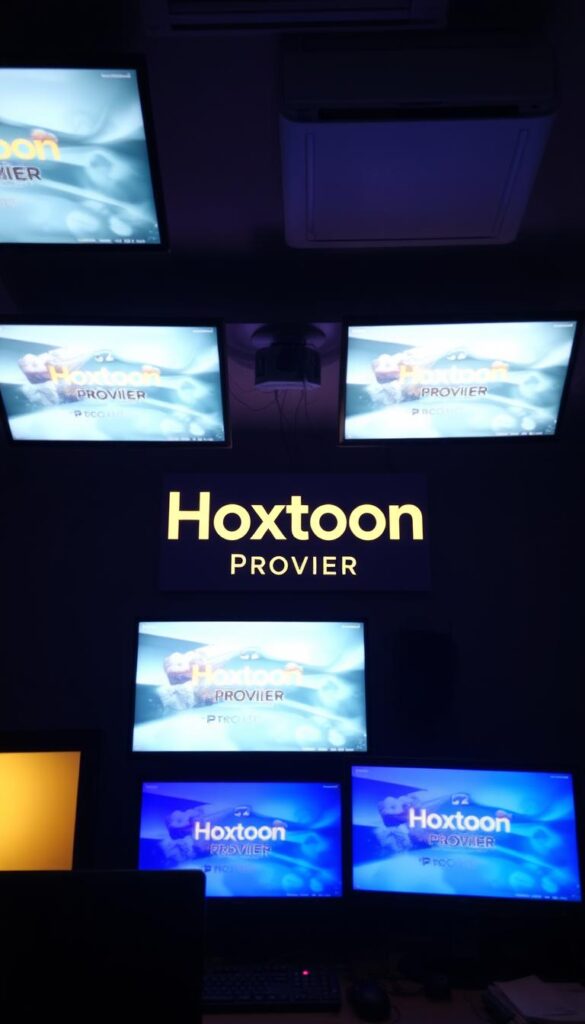 A dimly lit office space, the glow of multiple screens illuminating the scene. In the center, a prominent logo for "Hoxtoon Provider" stands out, signifying a reliable IPTV service. The room is adorned with technical equipment, cables, and a sense of professionalism. The lighting is soft and warm, creating a cozy atmosphere. The camera angle is slightly elevated, giving a sense of authority and expertise. The overall mood conveys trustworthiness and dependability, qualities essential for an IPTV provider.