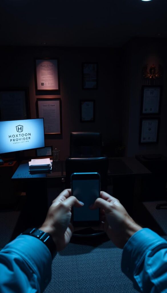 A dimly lit office space, with a large desk and a sleek, modern computer setup. On the desk, a stack of legal documents and a Hoxtoon Provider logo prominently displayed. The walls are adorned with framed certificates and awards, hinting at the provider's credibility and expertise. The lighting is subdued, casting shadows that create a sense of seriousness and professionalism. In the foreground, a pair of hands holding a smartphone, as if the viewer is considering the legal implications of using an IPTV service. The overall atmosphere conveys the importance of understanding the legal landscape when engaging with IPTV providers.