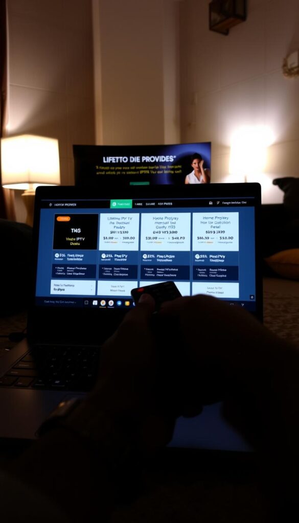 A dimly lit room, a laptop screen glowing with a website showcasing "Hoxtoon Provider" lifetime IPTV subscription deals. The foreground features a stylish hand holding a remote control, hinting at the convenience of the service. The middle ground displays a grid of package options, each with clear pricing and feature details. The background subtly suggests a cozy, home entertainment setup, with soft lighting and hints of modern decor. The overall mood is one of practicality and value, enticing the viewer to explore the lifetime IPTV subscription UK services on offer.