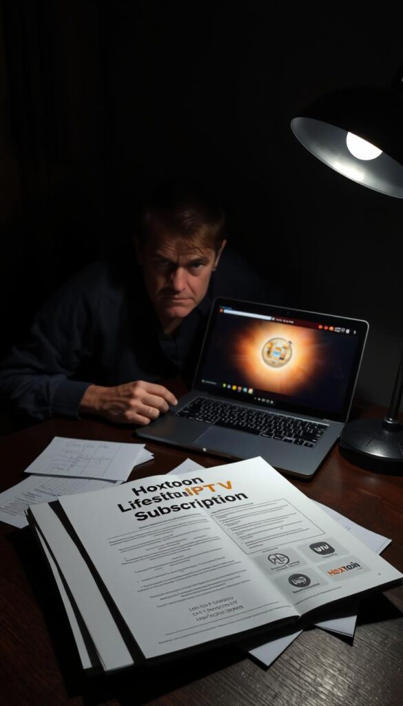 A dimly lit room, a laptop screen illuminates a concerned expression. On the desk, a Hoxtoon Provider lifetime IPTV subscription brochure lies open, surrounded by scattered notes and a furrowed brow. The atmosphere is pensive, as the viewer contemplates the perceived risks and uncertainties of this service. Soft shadows cast by a single desk lamp create a contemplative mood, inviting the viewer to consider the common concerns about lifetime IPTV subscriptions.