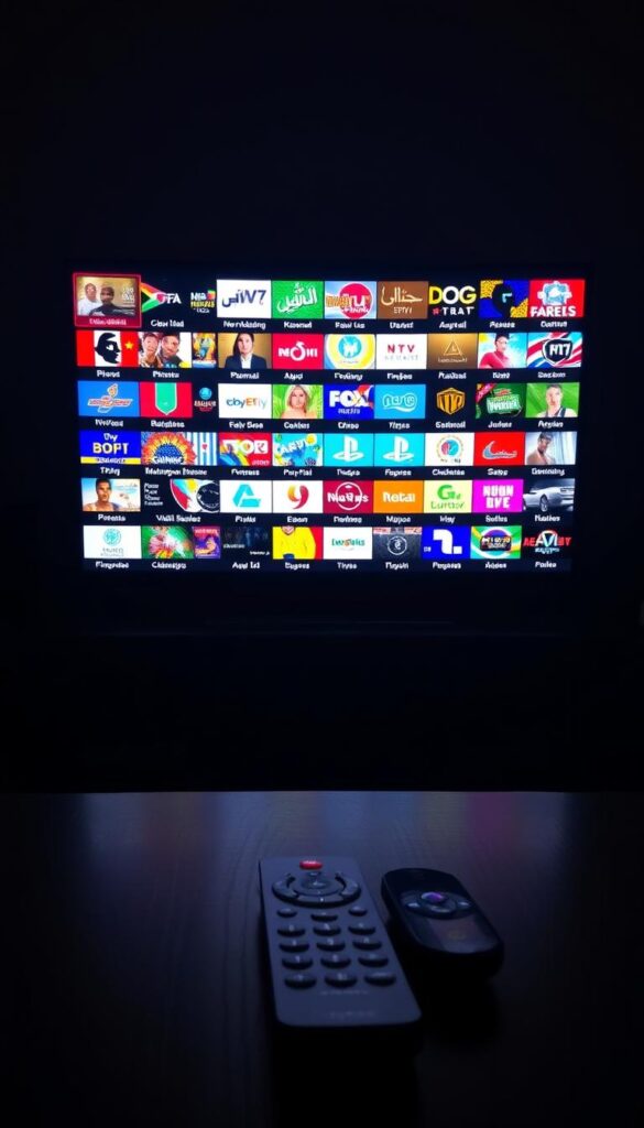 A dimly lit room, filled with the soft glow of a large HDTV screen showcasing a diverse array of Arabic IPTV channels. The screen is surrounded by various electronic devices, conveying the technological nature of this Hoxtoon Provider service. In the foreground, a sleek remote control rests on a dark wooden table, hinting at the user's ability to effortlessly navigate the extensive channel library. The background features a subtle pattern suggestive of Middle Eastern design elements, adding a cultural touch to the scene. The overall atmosphere is one of immersion and exploration, reflecting the title "Exploring HOXTOON's Massive Channel Library".