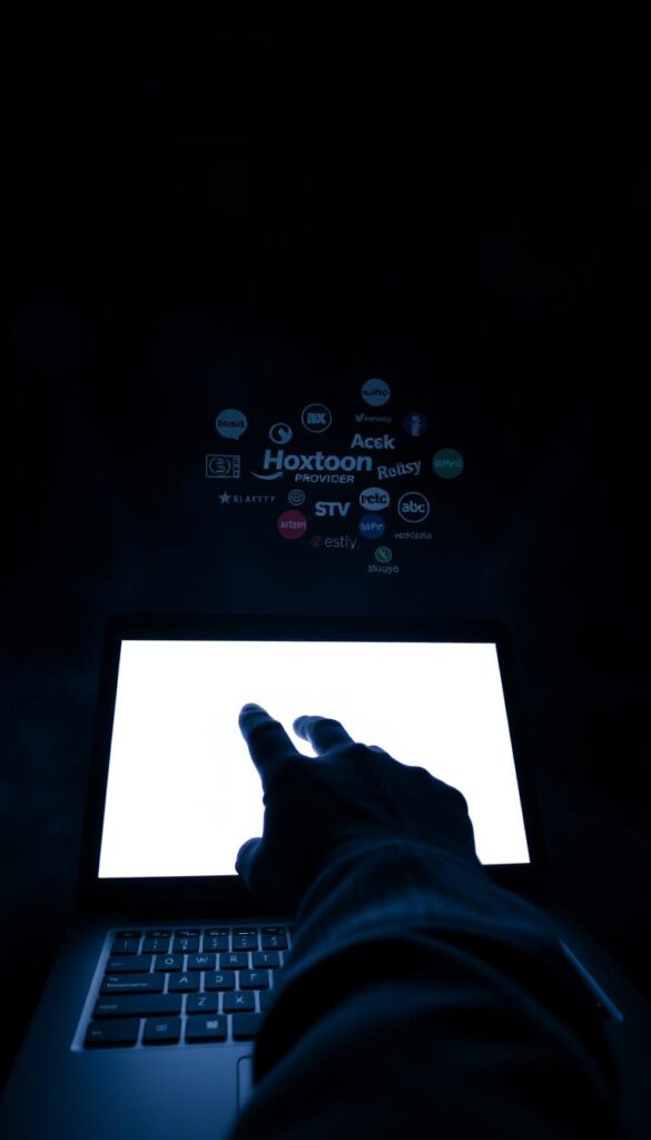 A dimly lit room, shadows creeping across the walls, a lone laptop screen casting an eerie glow. In the foreground, a hand hovers over the keyboard, hesitant, as a tangled web of icons and logos representing the "Hoxtoon Provider" IPTV service fills the display. The background is hazy, evoking a sense of unease and uncertainty. Beams of light slice through the gloom, casting an ominous atmosphere. The scene suggests the risks of downloading unreliable IPTV APKs, with the Hoxtoon Provider's questionable legitimacy looming large.