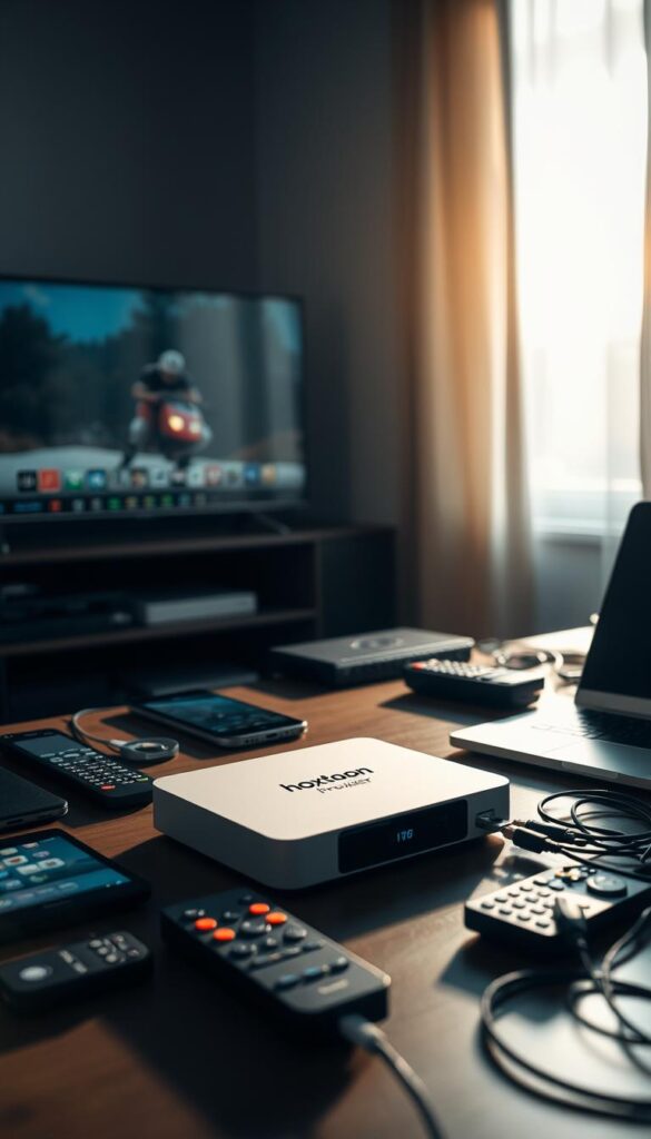 A dimly lit room, soft natural light filtering through the window, casting a warm glow on a variety of modern devices - smartphones, tablets, laptops, and a sleek, high-end streaming box labeled "Hoxtoon Provider". On the desk, various remote controls and cables are neatly organized, conveying a sense of seamless multi-device connectivity. The room's atmosphere is one of quiet efficiency, hinting at the reliable and versatile IPTV service that powers this setup. The focus is on the Hoxtoon Provider device, its clean design and prominent placement suggesting it is the centerpiece of this well-curated media hub.