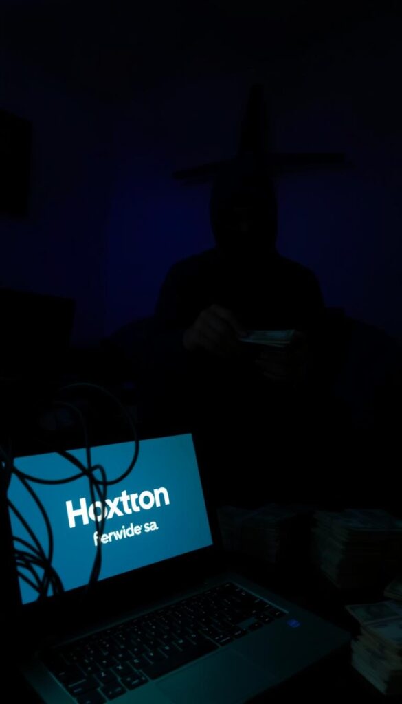 A dimly lit room, the glow of a computer screen casting an eerie light on a shady figure hunched over a keyboard. In the foreground, a tangle of wires and a laptop displays the Hoxtoon Provider logo, hinting at the fraudulent nature of the IPTV service. The middle ground reveals stacks of cash and a shadowy, anonymous hand exchanging money, symbolizing the financial risks of such illicit transactions. In the background, a sense of unease and danger, with ominous shadows and a sinister atmosphere. The image conveys the inherent risks and unsavory nature of IPTV scams, a cautionary tale for those tempted by the promise of "lifetime" subscriptions.