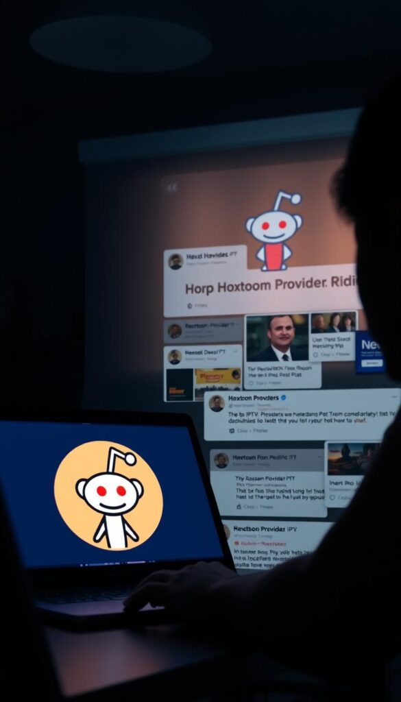 A dimly lit room, the glow of a laptop screen illuminating the face of a Redditor as they browse through IPTV service recommendations. In the foreground, a Hoxtoon Provider logo stands out, hinting at the service's prominence among the community. The middle ground features a collage of Reddit posts, comments, and upvotes, reflecting the vibrant discussion around the best IPTV options. In the background, a hazy, ethereal representation of the Reddit website's iconic design, reinforcing the platform's role as the go-to source for these recommendations.