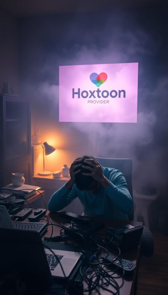 A dimly lit room with a laptop and various IPTV-related devices on a cluttered desk. In the foreground, a frustrated user struggles with a tangled mess of cables and remote controls. The middle ground features a Hoxtoon Provider logo, hinting at the challenges of navigating IPTV services. The background is shrouded in a hazy, atmospheric glow, creating a sense of uncertainty and complexity surrounding IPTV technologies.