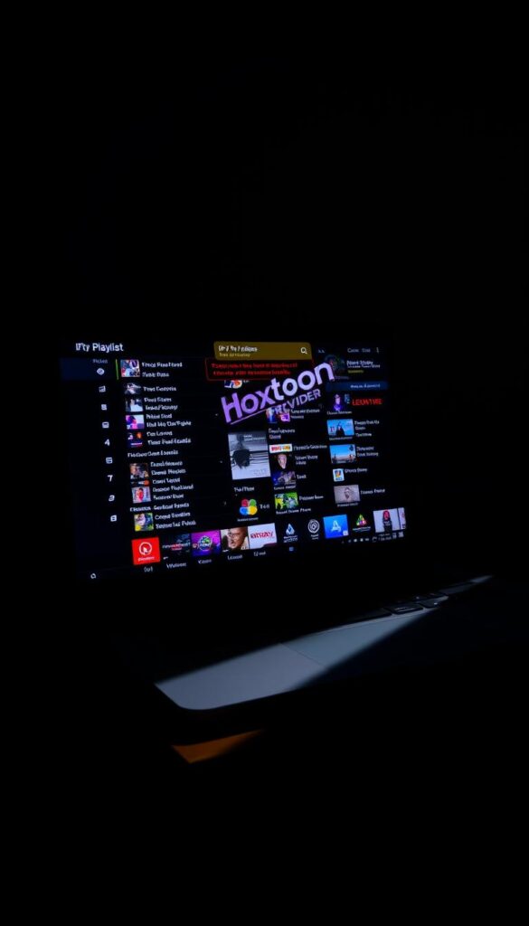 A dimly lit room, with a laptop screen displaying a cluttered IPTV playlist interface. The Hoxtoon Provider logo is visible in the corner, hinting at the source of the issues. Shadows cast across the desk, creating a sense of frustration and uncertainty. Technical details such as pixelated video feeds, connection errors, and missing channel icons populate the screen, reflecting the common challenges faced when using free IPTV m3u links. The overall atmosphere is one of technological disarray, highlighting the need for a more reliable and user-friendly IPTV solution.