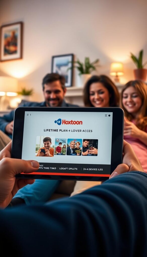 A family sitting together on a couch, enjoying a cozy living room scene. In the foreground, a tablet or smartphone displays the Hoxtoon Provider IPTV subscription interface, showcasing a lifetime plan with 3-4 device access. The middle ground features the family members, each engaged with their own device, creating a sense of shared digital entertainment. The background depicts a warm, inviting space with soft lighting, potted plants, and tasteful decor, conveying a family-friendly atmosphere. The overall composition and color palette suggest a harmonious, relaxed, and content household.