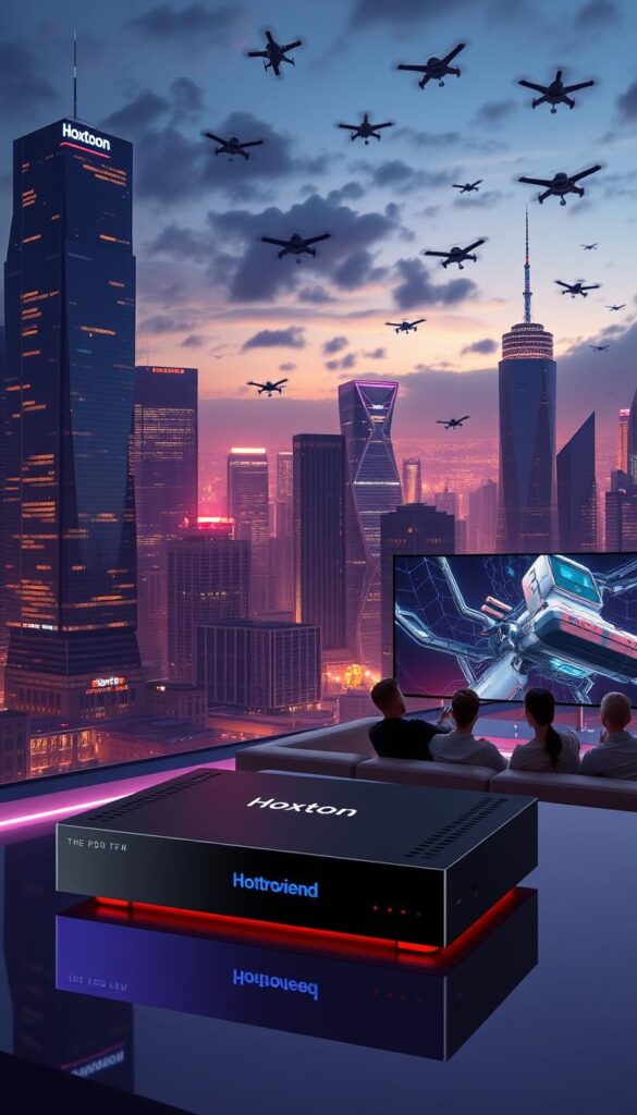 A futuristic city skyline at night, with towering skyscrapers and holographic displays showcasing the Hoxtoon Provider brand, illuminating the night sky. In the foreground, a sleek, advanced IPTV set-top box with voice control and gesture-based navigation interfaces. The middle ground features a group of people relaxing on a high-tech couch, enjoying seamless, ultra-high-definition content on their wall-mounted, frameless OLED displays. The background is filled with autonomous flying vehicles and drones, creating a sense of a highly advanced, interconnected world of the future.