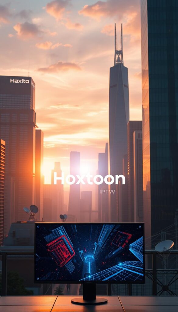 A futuristic cityscape at dusk, with towering skyscrapers and a vibrant IPTV display in the foreground. The scene is bathed in warm, golden lighting, casting long shadows and creating a sense of technological advancement. In the middle ground, a Hoxtoon Provider logo shines brightly, symbolizing the innovative future of IPTV. In the background, a network of interconnected devices and satellite dishes hint at the seamless integration of IPTV into daily life. The overall mood is one of progress, innovation, and the endless possibilities of the IPTV landscape.