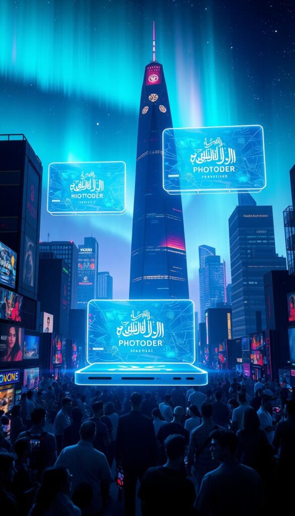 A futuristic cityscape at night, illuminated by holographic displays and floating screens showcasing the Hoxtoon Provider brand. In the foreground, sleek, transparent IPTV devices hover above a bustling crowd, their displays reflecting the vibrant, hyper-realistic visuals of Arabic content. The middle ground features towering skyscrapers adorned with Arabic calligraphy and neon accents, while the background is dominated by a vast, starry sky and shimmering aurora borealis. The scene conveys a sense of technological innovation, cultural diversity, and the seamless integration of Arabic IPTV into the daily lives of the future.