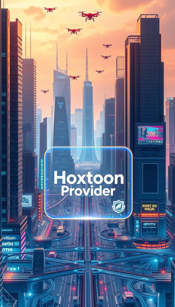 A futuristic cityscape with towering skyscrapers and advanced IPTV infrastructure. In the foreground, a sleek, holographic display showcases the Hoxtoon Provider brand, highlighting the latest IPTV technology advancements. The midground features intricate cable networks, satellite dishes, and data centers, all working in harmony to deliver seamless IPTV experiences. The background is a vibrant, neon-lit skyline, with flying cars and drones buzzing through the air, representing the interconnected, high-tech future of IPTV. The scene is bathed in a warm, futuristic glow, conveying a sense of progress and innovation.