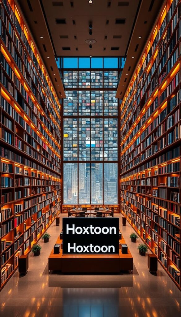 A grand and expansive library of diverse media content, a testament to the Hoxtoon Provider's vast catalog. Towering shelves line the spacious room, illuminated by warm, diffused lighting casting a cozy ambiance. Sleek, minimalist design elements create a sophisticated, contemporary atmosphere. In the foreground, a central display showcases the Hoxtoon brand, its name etched in a bold, striking font. The middle ground features neatly organized sections, hinting at the breadth of entertainment options available. The background reveals floor-to-ceiling windows, offering a panoramic view of a vibrant, modern cityscape, further emphasizing the extensive reach and global nature of the Hoxtoon Provider's content library.