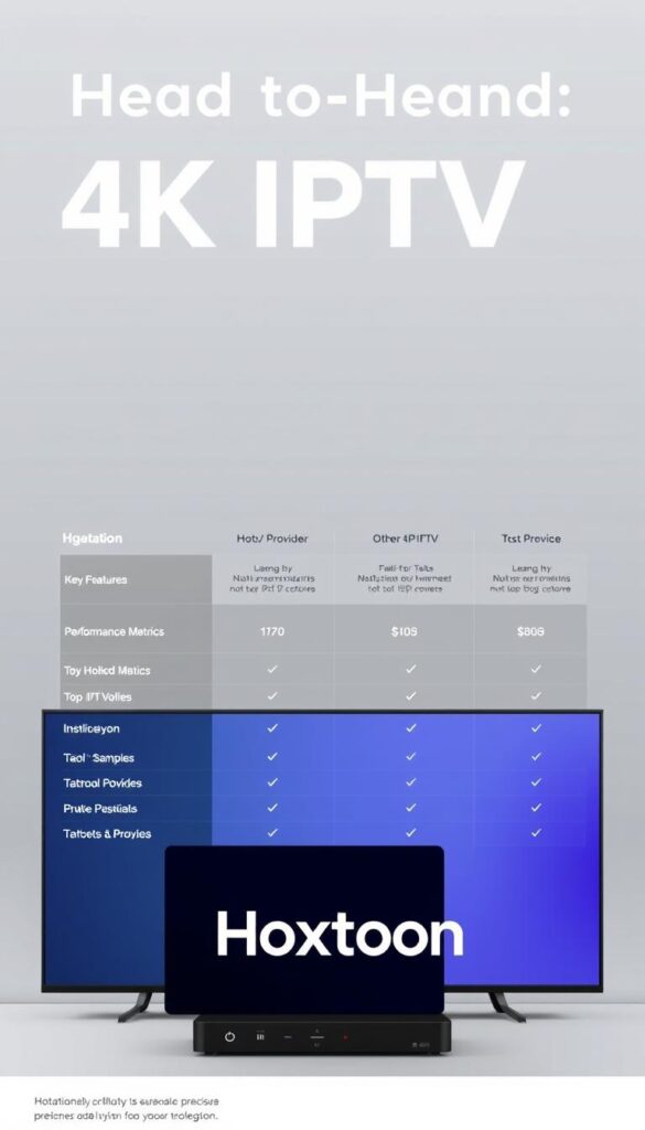 A head-to-head comparison of 4K IPTV services, showcasing a sleek, modern display with clean typography and precise data visualization. In the foreground, the Hoxtoon Provider logo stands out prominently, conveying its position as a leading 4K IPTV offering. The middle ground features a side-by-side evaluation of key features, performance metrics, and pricing across Hoxtoon and other top 4K IPTV providers, presented in a clear, intuitive layout. The background is a subdued, minimalist gradient that allows the information to take center stage, creating a professional, high-quality aesthetic suitable for a technology-focused article.