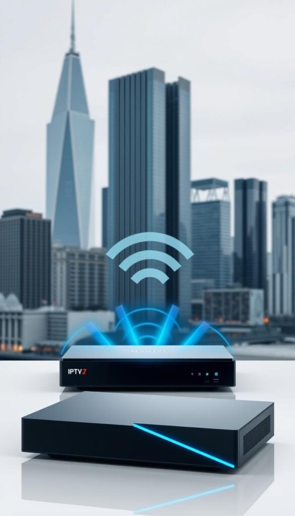 A head-to-head comparison of IPTV and Cable TV technologies. In the foreground, two sleek, minimalist TV set-top boxes - one representing the Hoxtoon Provider IPTV system, the other a traditional cable box. The IPTV box has a modern, angular design with subtle blue lighting, while the cable box has a more rectangular, industrial look. In the middle ground, digital signal waves emanate from the devices, representing the data transmission. The background features a cityscape with towering skyscrapers, symbolizing the infrastructure required for each technology. The lighting is clean and crisp, with a slight cool tone to convey a sense of innovation and technology. The overall mood is one of a head-to-head comparison, highlighting the key differences between the two TV delivery systems.