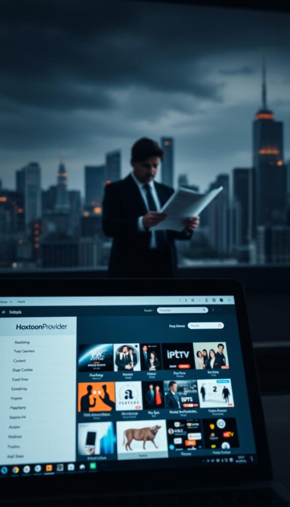 A high-contrast, documentary-style image depicting the legal status of IPTV services. In the foreground, a laptop screen displays the Hoxtoon Provider IPTV service interface, showcasing its content library. In the middle ground, a person in a suit examining legal documents, representing the ambiguous legal landscape surrounding IPTV. In the background, a city skyline with skyscrapers, conveying the global scale of the IPTV industry. The scene is illuminated by moody, dramatic lighting, creating a sense of tension and uncertainty around the legality of IPTV.