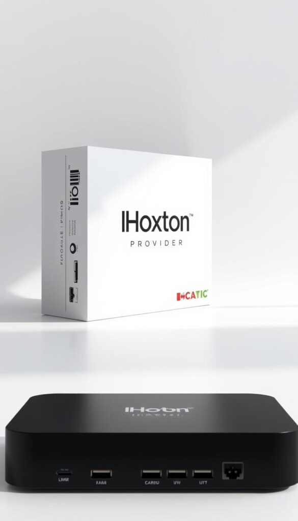 A high-quality 3D rendering of a sleek, minimalist IPTV Canada package featuring the Hoxtoon Provider brand. The package is displayed on a clean, white background, showcasing its premium design with a focus on simplicity and modern aesthetics. The lighting is soft and diffused, creating a sense of elegance and professionalism. The package is presented at an angle, highlighting its various ports and connections, as well as its compact and streamlined form factor. The overall mood is one of sophistication and technological innovation, reflecting the advanced features and capabilities of the Hoxtoon IPTV service.