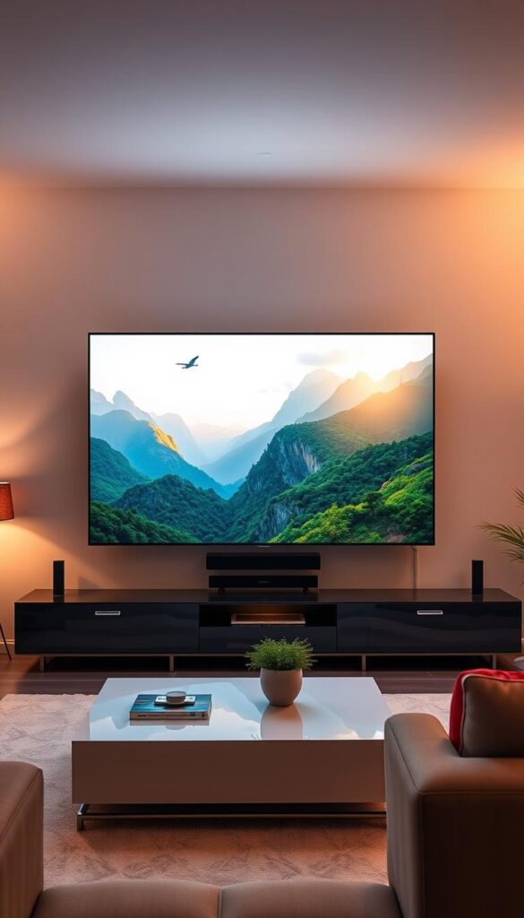 A high-quality 4K video stream from the Hoxtoon Provider IPTV service, showcasing crystal-clear resolution, vibrant colors, and smooth playback. The image depicts a living room setting, with a large, modern flat-screen TV mounted on the wall, surrounded by sleek, minimalist furniture. The room is bathed in a soft, warm lighting, creating a cozy and inviting atmosphere. The TV screen displays a stunning nature documentary, with lush, verdant landscapes and majestic wildlife in vivid detail. The image captures the immersive and cinematic experience of streaming high-quality content from the Hoxtoon Provider, perfectly illustrating the "Streaming Quality and Performance" section of the review.