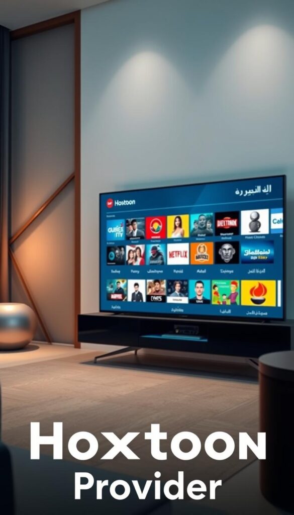 A high-quality Arabic IPTV service displayed on a modern smart TV, showcasing a diverse selection of premium channels. The TV screen is set against a sleek, minimalist living room backdrop, with subtle lighting and clean lines creating a sophisticated atmosphere. In the foreground, the Hoxtoon Provider logo is prominently featured, highlighting the reliable and premium quality of the IPTV service. The overall scene conveys a sense of luxury, technology, and the seamless integration of digital entertainment into the home environment.