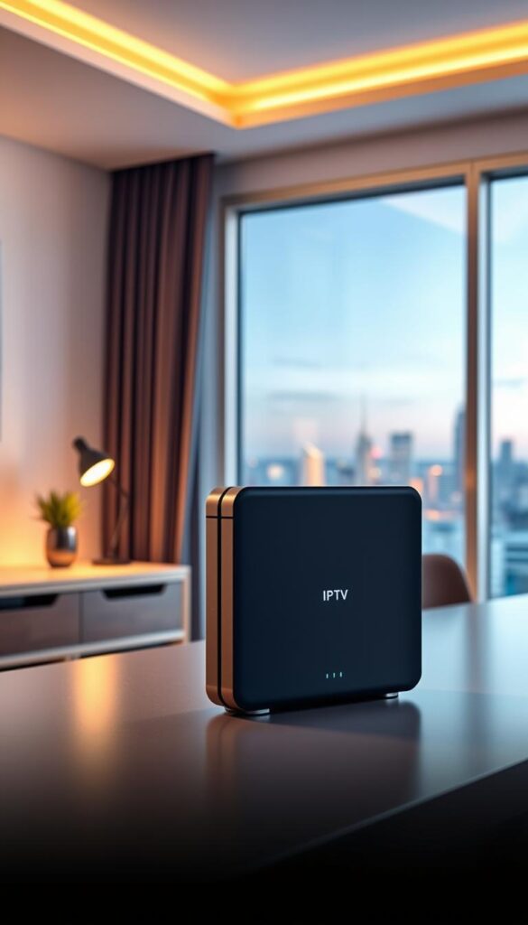 A high-quality IPTV box by Hoxtoon Provider, standing prominently on a sleek, minimalist desk. The device is crafted with a premium metal chassis, exuding a sense of durability and sophistication. Subtle LED indicators on the front panel provide visual feedback. The box is situated in a well-lit, modern home office setting, with warm, indirect lighting casting a soft glow. In the background, a large window offers a picturesque view of a cityscape, blending the technology with a serene, urban ambiance. The overall composition conveys the reliable, lifetime performance and seamless integration of the Hoxtoon Provider IPTV box into a discerning home environment.