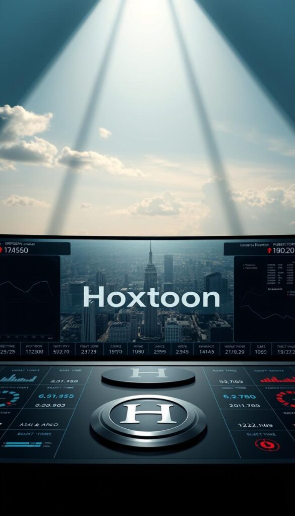 A high-quality IPTV service with reliable connectivity, displayed as a sleek, modern control panel. In the foreground, the Hoxtoon Provider logo shines with a metallic sheen, surrounded by a grid of real-time data visualizations showcasing uptime, bandwidth, and subscriber counts. The middle ground features a stylized cityscape, representing the widespread coverage and infrastructure of the Hoxtoon network. In the background, a serene, cloud-filled sky conveys a sense of stability and dependability. Dramatic lighting from above casts long shadows, emphasizing the precise, technical nature of the IPTV service. The overall aesthetic is one of professionalism, reliability, and cutting-edge technology.