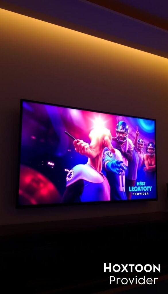 A high-quality IPTV stream on a large flat-screen television, with the Hoxtoon Provider logo prominently displayed in the bottom right corner. The image showcases a vibrant, clear picture with rich colors and crisp details, reflecting the exceptional video quality of the IPTV service. The room is dimly lit, creating a cozy, cinematic atmosphere, with soft, warm lighting illuminating the screen. The television is positioned at eye level, giving the viewer a sense of immersion in the content. The overall scene conveys the reliable and premium experience of the Hoxtoon Provider IPTV service.