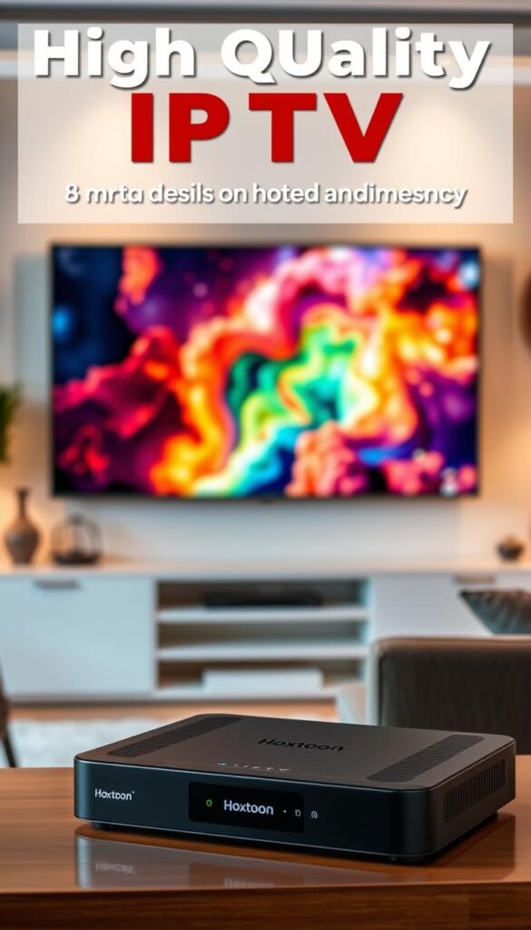 A high-quality IPTV stream with vibrant colors, sharp details, and smooth playback. The scene depicts a living room with a large, wall-mounted TV displaying a crisp, immersive image. Soft, warm lighting illuminates the space, creating a cozy and inviting atmosphere. In the foreground, a sleek Hoxtoon Provider device is prominently showcased, symbolizing the reliable and cutting-edge technology that powers the IPTV experience. The background features subtle hints of a modern, minimalist home decor, emphasizing the seamless integration of the IPTV system. The overall impression conveys the exceptional quality, ease of use, and enjoyment of the IPTV service.
