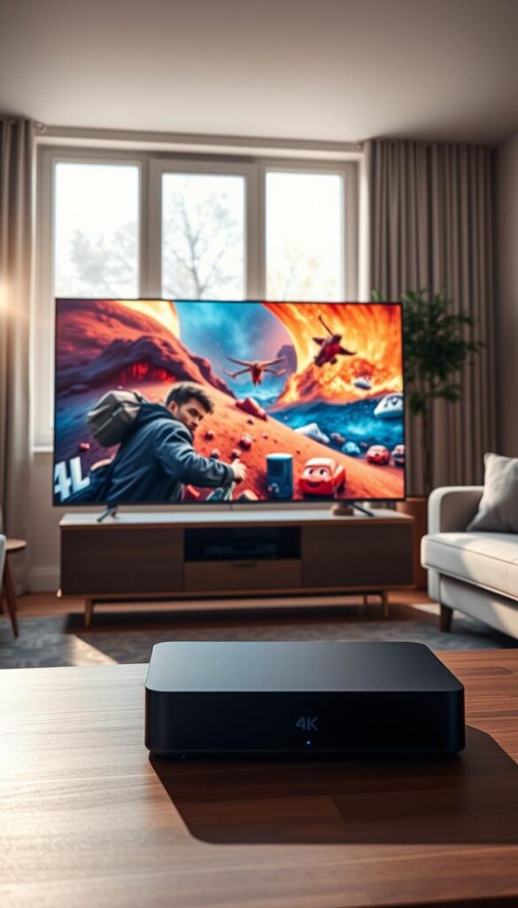 A high-quality IPTV streaming experience, showcased through a realistic scene. In the foreground, a 4K Ultra HD display showcases vibrant, crystal-clear imagery with no visible pixelation or compression artifacts. Subtle lens flare and warm lighting create a cinematic atmosphere. In the middle ground, a modern, minimalist media console houses the Hoxtoon Provider IPTV set-top box, its sleek design complementing the living space. The background depicts a cozy, well-appointed living room, with large windows allowing natural light to filter in, creating a sense of comfort and relaxation. The overall scene conveys the seamless, high-performance IPTV experience delivered by the Hoxtoon Provider.