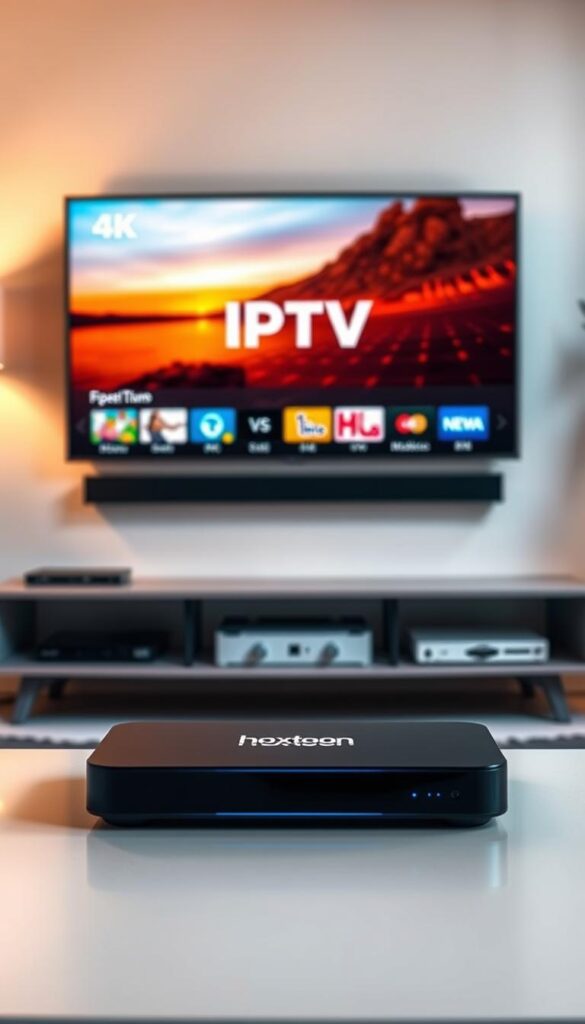 A high-quality IPTV streaming scene with the Hoxtoon Provider logo prominently displayed. The image shows a modern living room setup with a large, 4K smart TV taking center stage. On the TV screen, a crisp, high-definition IPTV feed is playing, showcasing vibrant colors, sharp details, and smooth playback. The room is bathed in warm, soft lighting, creating a cozy and inviting atmosphere. In the foreground, a sleek, minimalist streaming device is visible, symbolizing the ease of setup and use. The middle ground features a neatly organized media center, with the Hoxtoon Provider branding visible on the device. The background blends seamlessly, depicting a stylish, contemporary interior design. The overall scene conveys the idea of an optimal IPTV streaming experience in Europe, with the Hoxtoon Provider as a reliable and high-quality service.