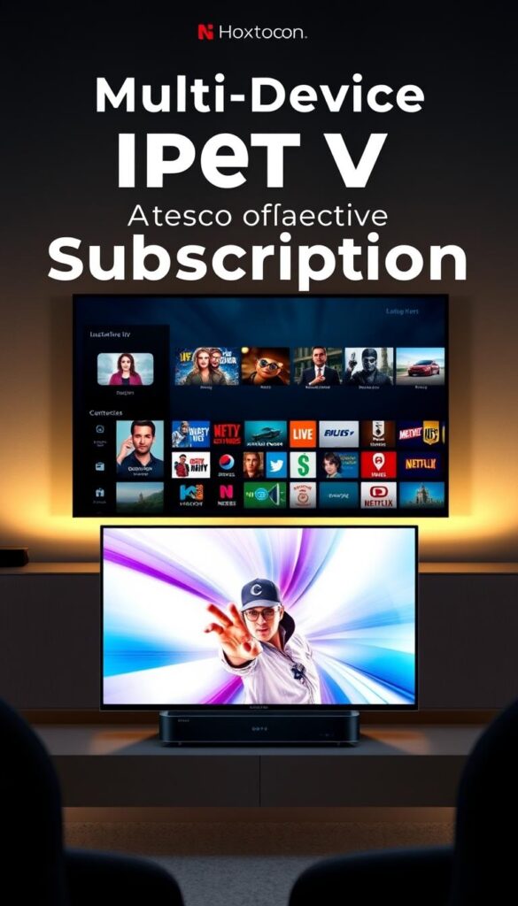 A high-quality IPTV subscription service offered by the premium Hoxtoon Provider. A sleek, modern interface showcases a vast library of live TV channels, movies, and on-demand content across multiple devices. Soft, diffused lighting illuminates the minimalist, yet elegant design of the device, casting a warm glow. The screen displays a vibrant, crystal-clear image, hinting at the premium-quality streaming experience. In the background, a subtle gradient backdrop adds depth and sophistication to the scene. The overall mood conveys a sense of luxury, reliability, and advanced technology, perfectly capturing the essence of a "Premium Multi-Device IPTV Lifetime Subscription".