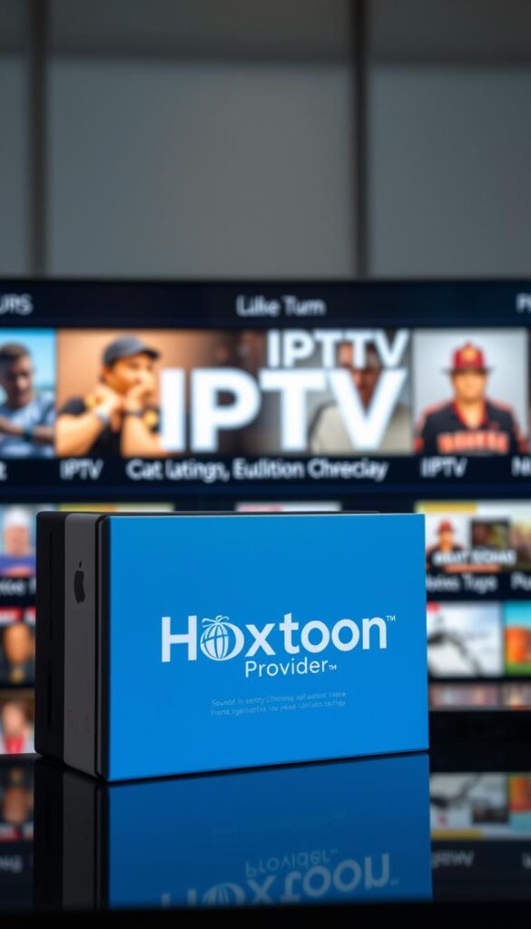 A high-quality and photorealistic image of an "IPTV Latino Package" featuring the Hoxtoon Provider brand, set against a modern and sleek digital interface. The image should showcase the package's content and features, with a prominent display of the Hoxtoon Provider logo. The scene should be well-lit, with a subtle use of depth of field to draw the viewer's attention to the key elements. The overall mood should be professional and informative, conveying the reliable and comprehensive nature of the IPTV Latino Package.