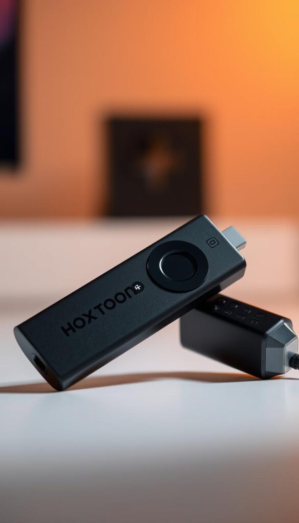 A high-quality, close-up shot of a Hoxtoon Provider firestick device, showcasing its sleek and modern design. The firestick is prominently displayed against a softly blurred, warm-toned background, creating a sense of focus and emphasis on the product. Subtle lighting from the side casts gentle shadows, highlighting the textural details and creating a premium, professional feel. The image conveys a sense of reliability, customer-focused service, and technological sophistication, aligning with the article's section on customer support and service.