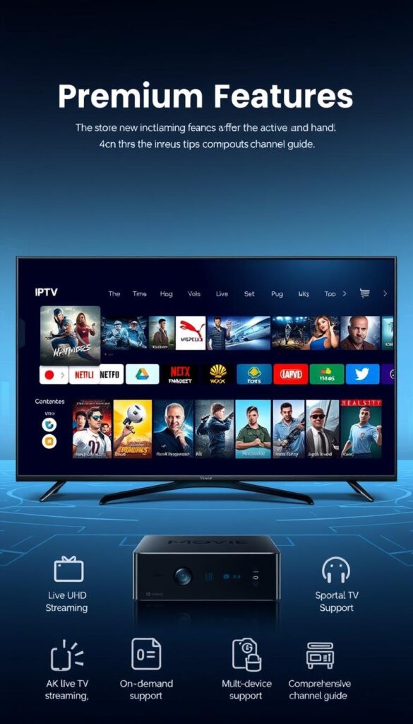 A high-quality, detailed illustration of the premium features offered by the Hoxtoon Provider IPTV service. The image should depict a sleek, modern interface showcasing a variety of content options, including live TV channels, on-demand movies, and sports events. The foreground should feature stylized icons and graphics representing features like 4K UHD streaming, multi-device support, and a comprehensive channel guide. The middle ground should display a selection of popular TV shows and movies, while the background should convey a sense of technological sophistication with subtle digital patterns and a cool color palette. The overall mood should be one of a premium, cutting-edge IPTV service that enhances the viewer's entertainment experience.