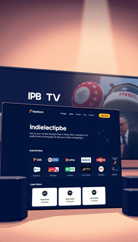 A high-quality, detailed illustration showcasing a modern website interface for purchasing an IPTV France subscription from the Hoxtoon Provider. The foreground features a sleek, responsive web design with clean typography, intuitive navigation, and prominent calls-to-action to "Subscribe Now" or "Learn More". The middle ground depicts neatly organized channel logos and package options, while the background subtly hints at the diverse French and international content available, such as news, sports, movies, and entertainment. The scene is bathed in a soft, warm lighting that evokes a sense of professionalism and trustworthiness. The overall mood is one of sophistication, ease of use, and reliable IPTV service.
