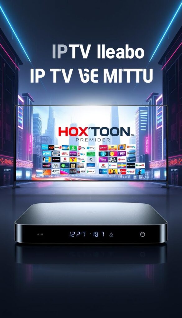 A high-quality digital illustration comparing two IPTV streaming services, featuring a modern, minimalist design. In the foreground, a sleek, metallic device representing the "Free Lifetime IPTV M3U" service, with a clean and intuitive user interface. In the middle ground, a dynamic visualization of the "HOXTOON Provider" premium service, showcasing its extensive channel lineup and advanced features. The background depicts a futuristic cityscape, with neon-lit skyscrapers and a vibrant, energetic atmosphere. The overall tone is one of technological sophistication and the promise of seamless, high-quality streaming experiences. Crisp, realistic lighting and a cinematic camera angle create a visually striking and informative comparison.