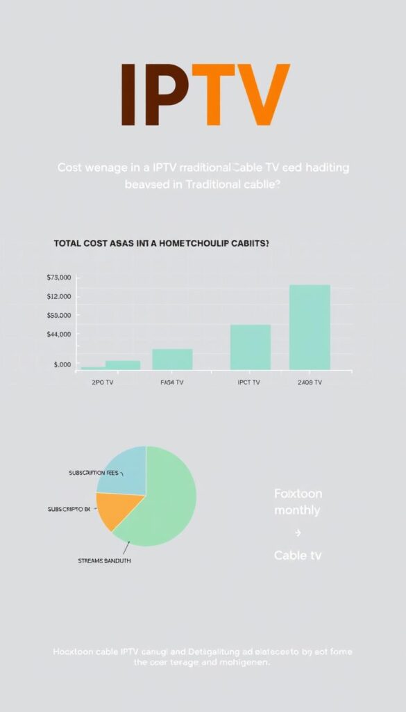 A high-quality infographic depicting the cost breakdown of IPTV services compared to traditional cable TV. The image features a sleek, modern design with clean lines and a muted color palette. In the foreground, a pie chart showcases the individual cost components of IPTV, such as subscription fees, equipment, and streaming bandwidth. In the middle ground, a bar graph contrasts the total monthly costs of IPTV and cable TV, highlighting the potential savings with Hoxtoon Provider IPTV. The background features a subtle grid pattern and minimalist icons representing digital technology and home entertainment. The overall mood is informative and visually engaging, drawing the viewer's attention to the key financial advantages of IPTV.